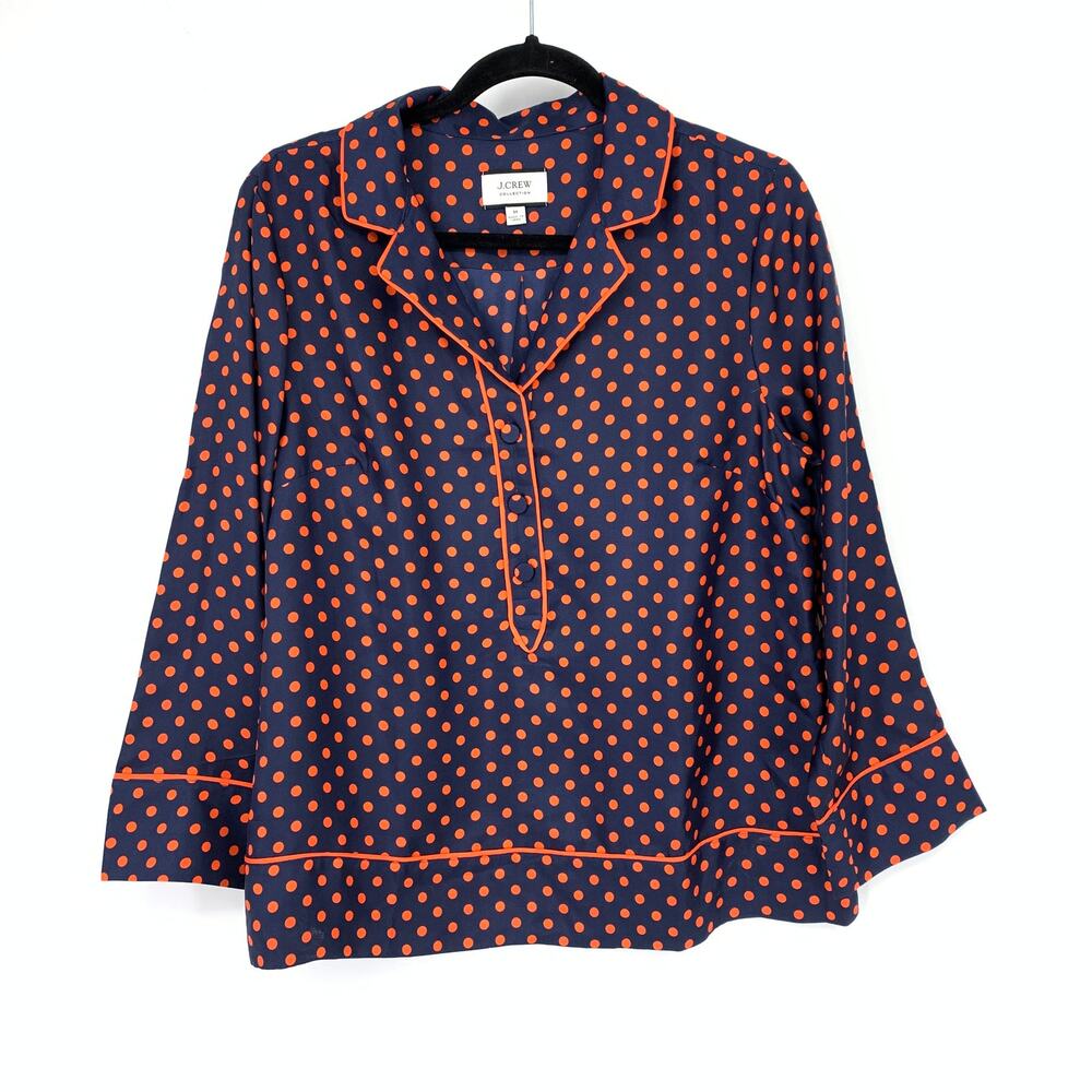 J. Crew Collection Silk Twill Popover Top Womens Size M Navy Orange Polka Dot